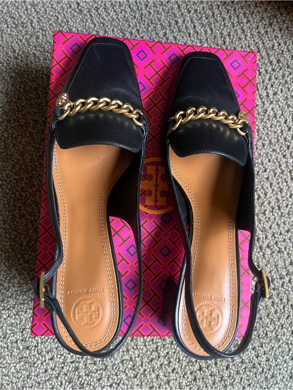 Tory Burch Mini Benton Charm Black Leather Slingback Loafers with Gold Chain